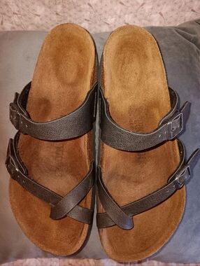 Birkenstock Suede Footbed Sandals with Charcoal Straps
